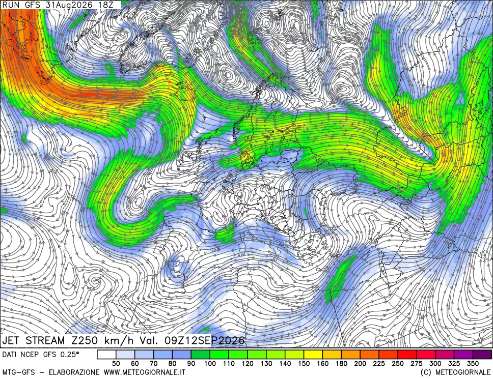 mappa 250 hPa Jet stream