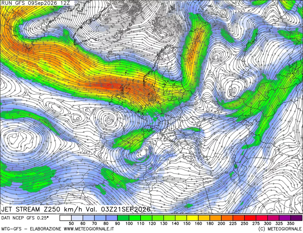 mappa 250 hPa Jet stream