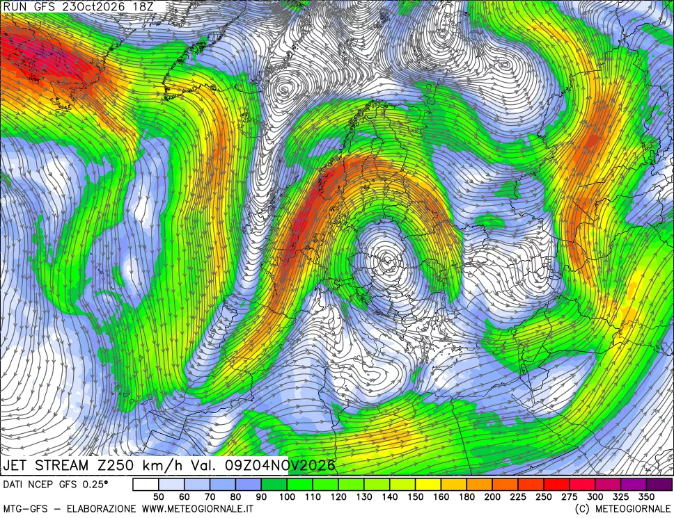 mappa 250 hPa Jet stream