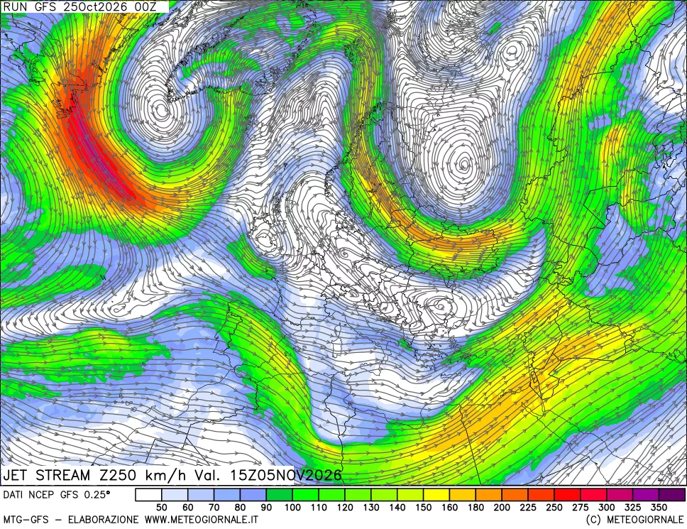 mappa 250 hPa Jet stream