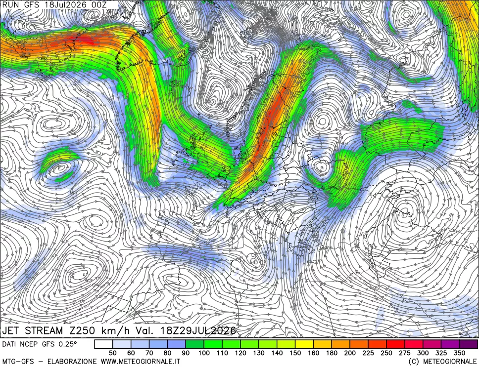 mappa 250 hPa Jet stream