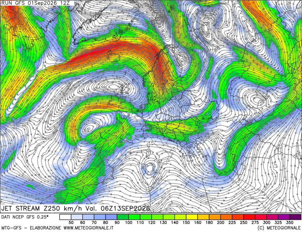 mappa 250 hPa Jet stream