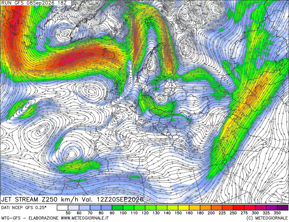 mappa 250 hPa Jet stream