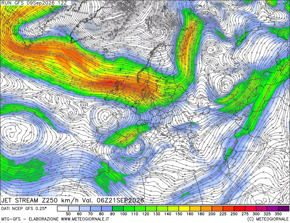 mappa 250 hPa Jet stream