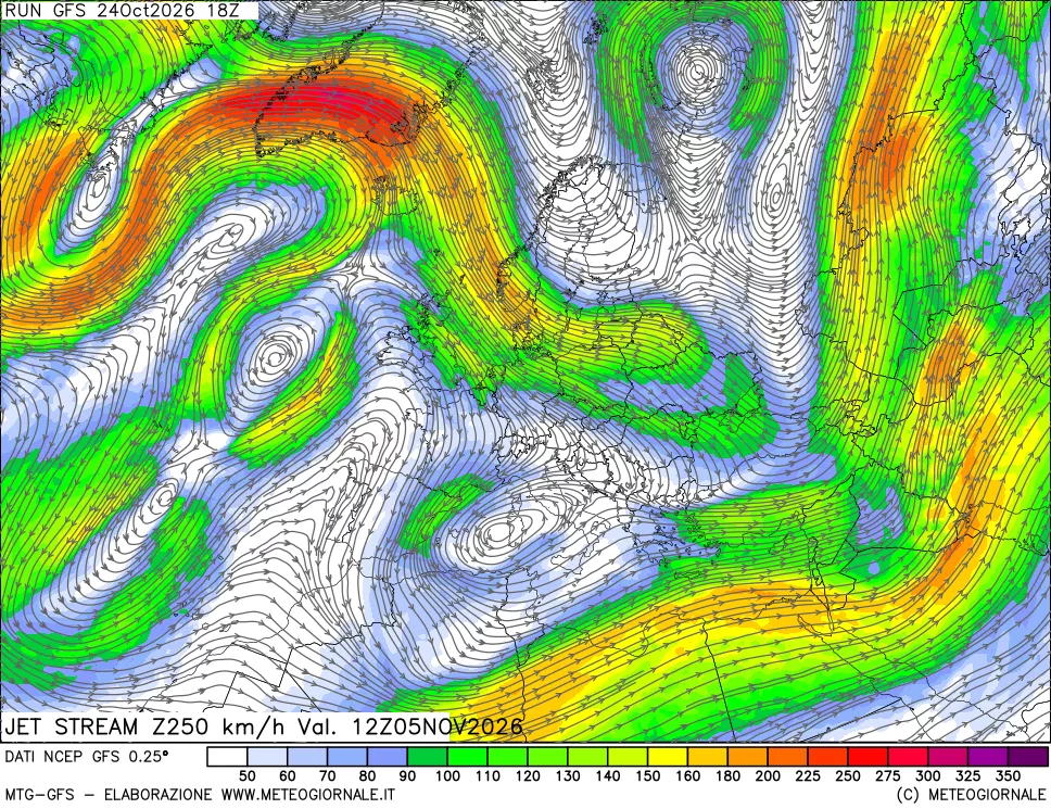 mappa 250 hPa Jet stream