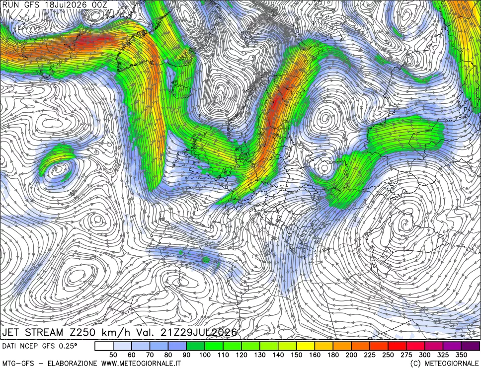 mappa 250 hPa Jet stream