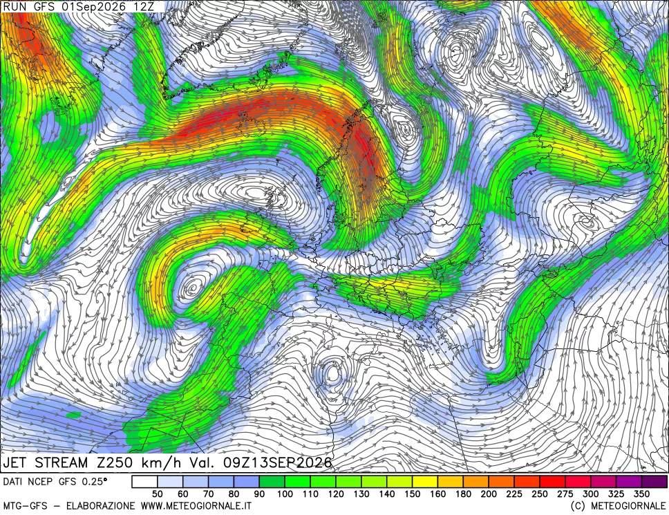 mappa 250 hPa Jet stream