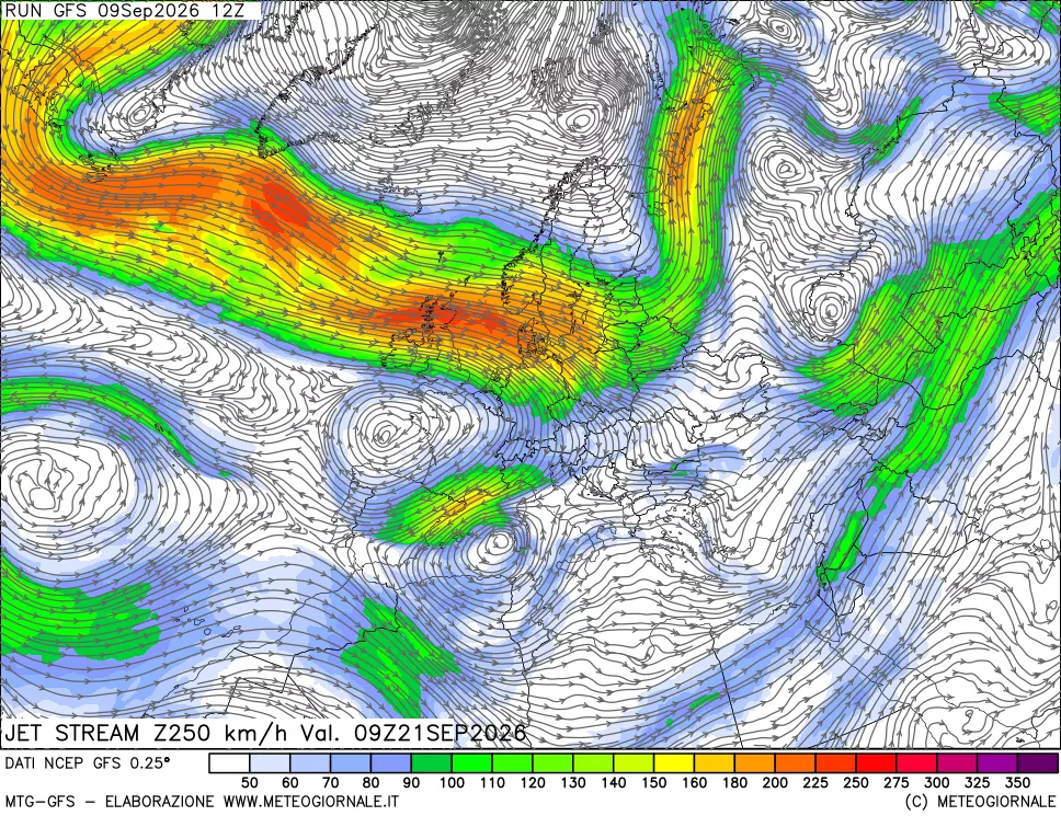 mappa 250 hPa Jet stream