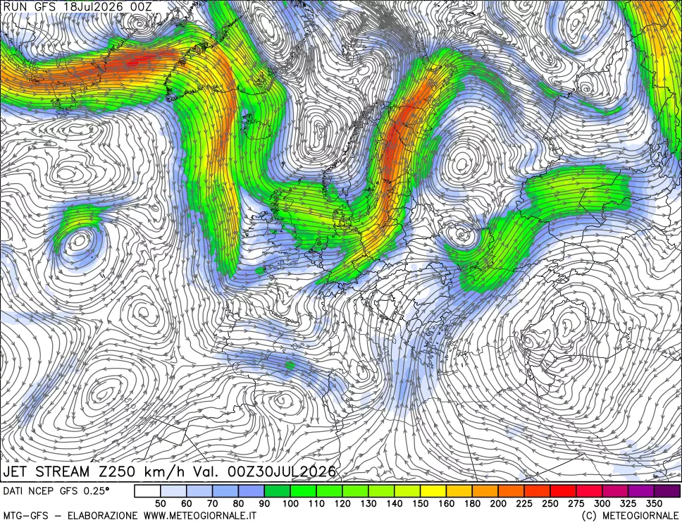 mappa 250 hPa Jet stream