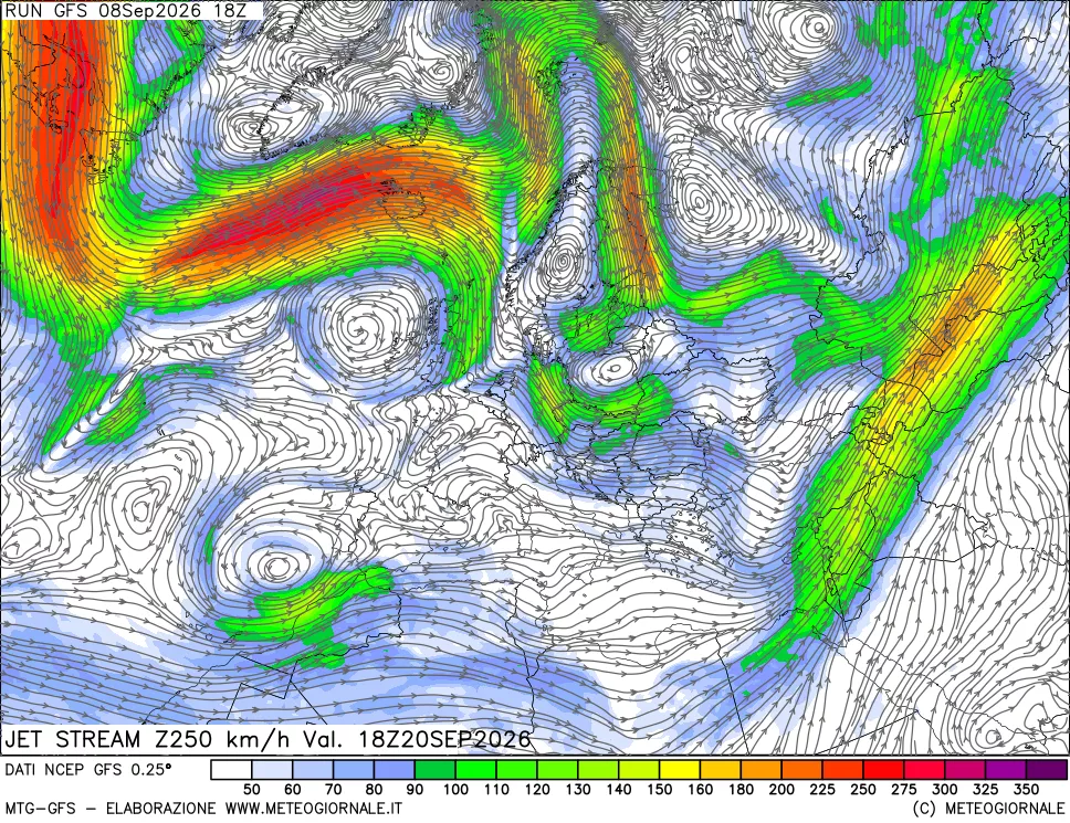 mappa 250 hPa Jet stream