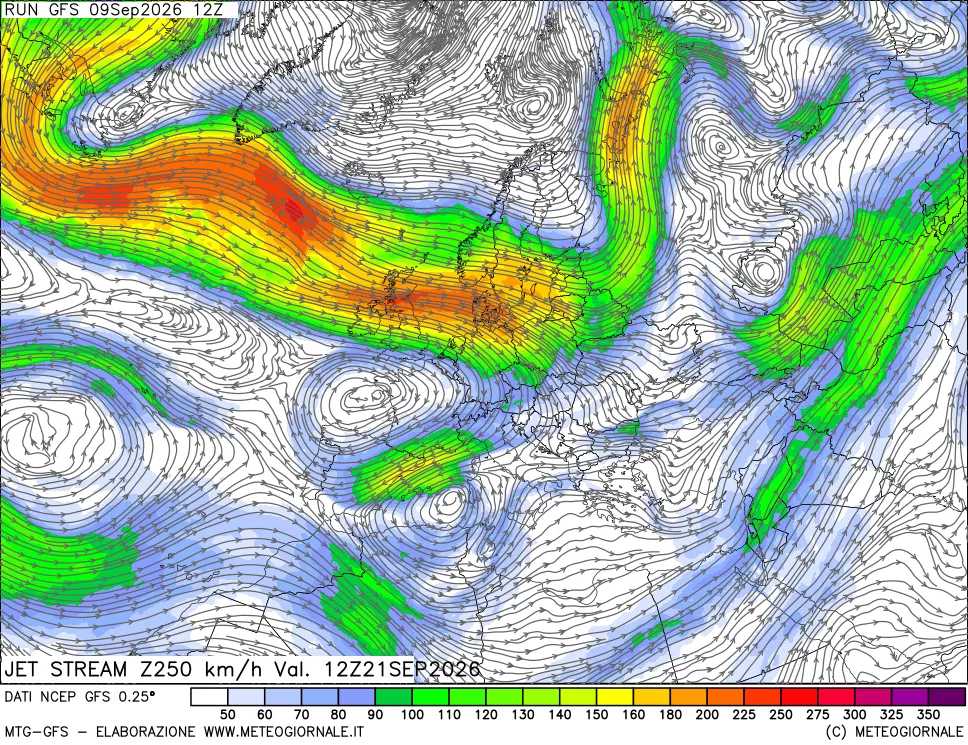 mappa 250 hPa Jet stream