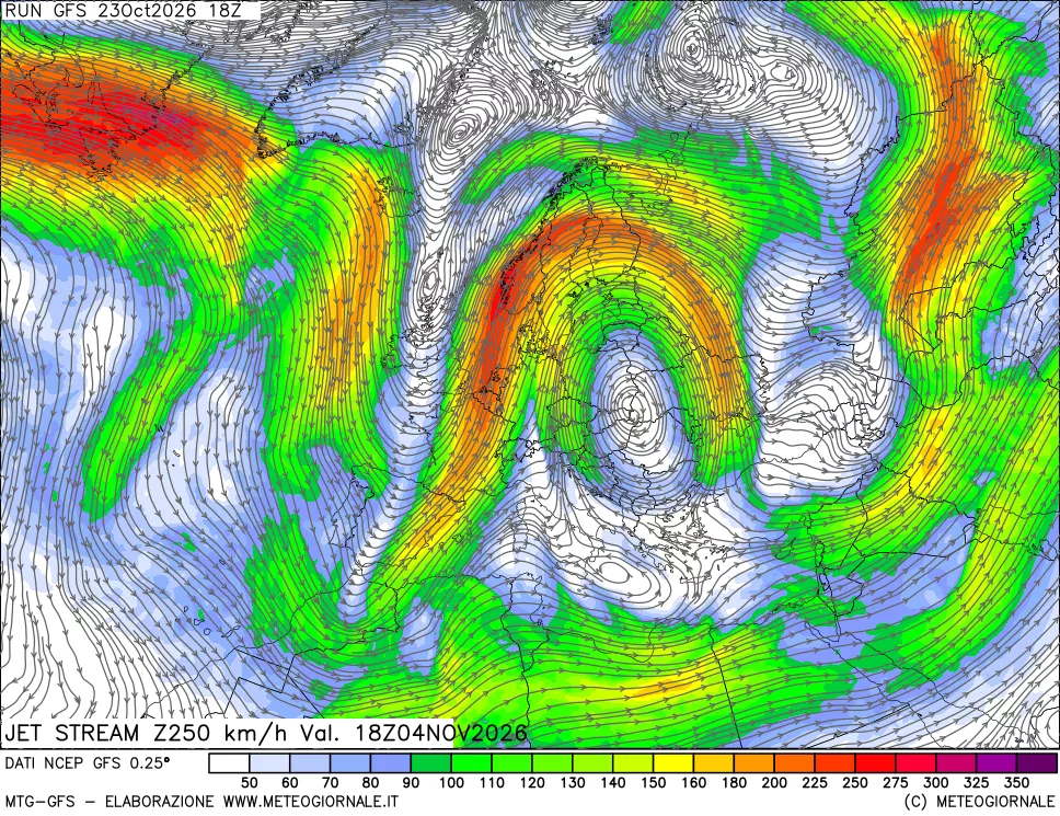 mappa 250 hPa Jet stream