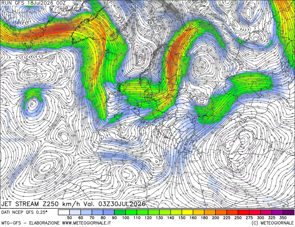 mappa 250 hPa Jet stream