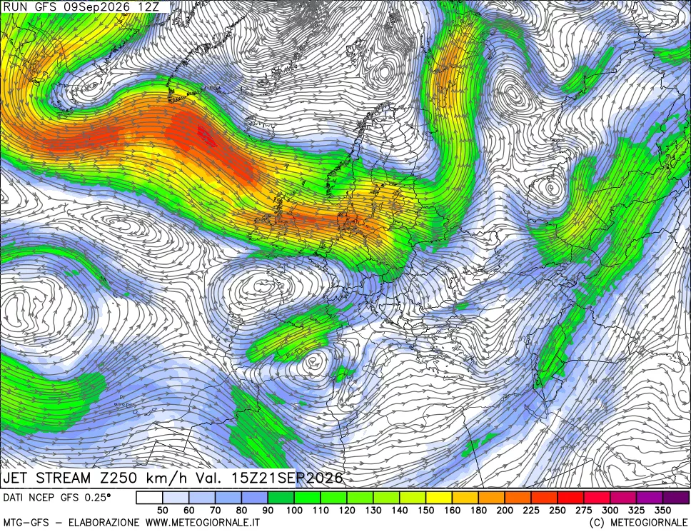 mappa 250 hPa Jet stream