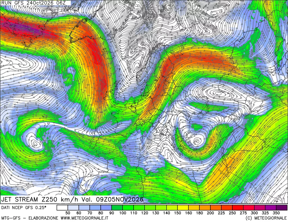 mappa 250 hPa Jet stream