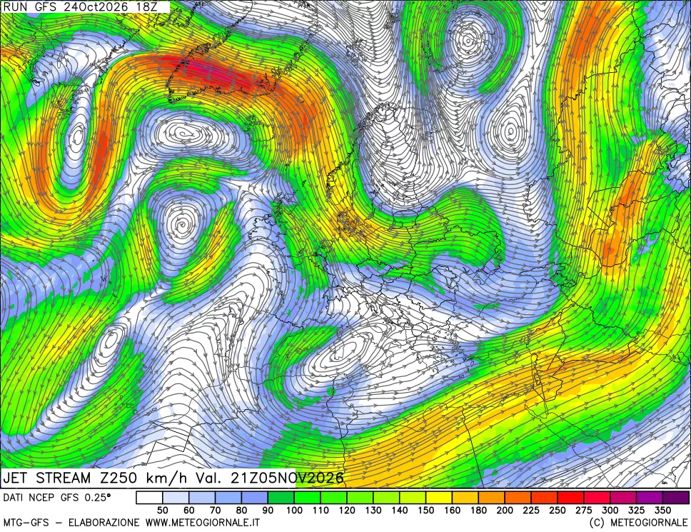 mappa 250 hPa Jet stream