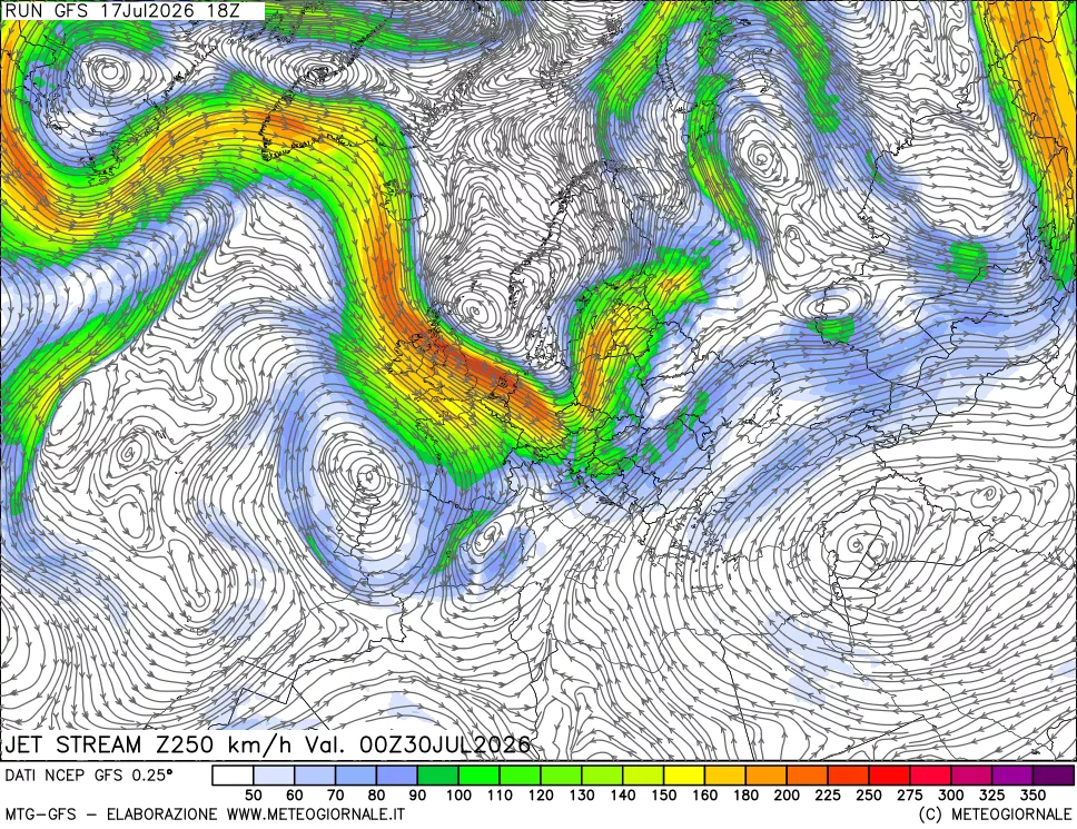 mappa 250 hPa Jet stream