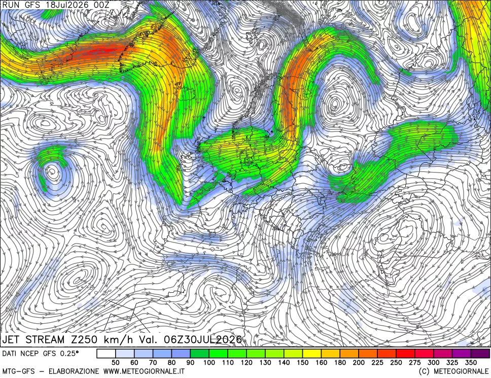 mappa 250 hPa Jet stream