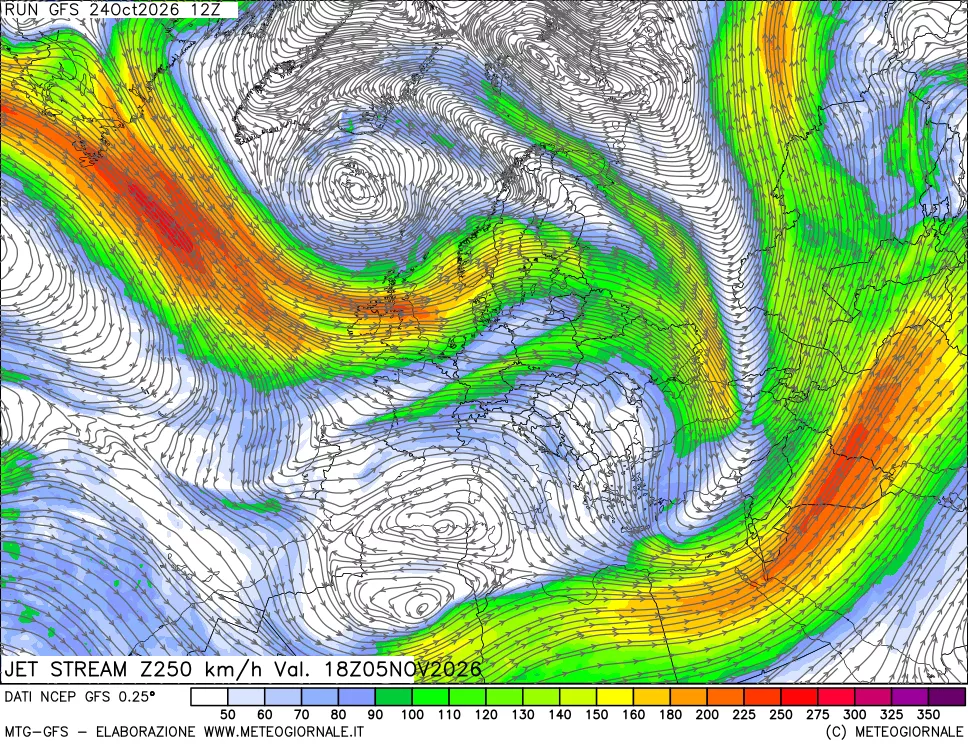 mappa 250 hPa Jet stream