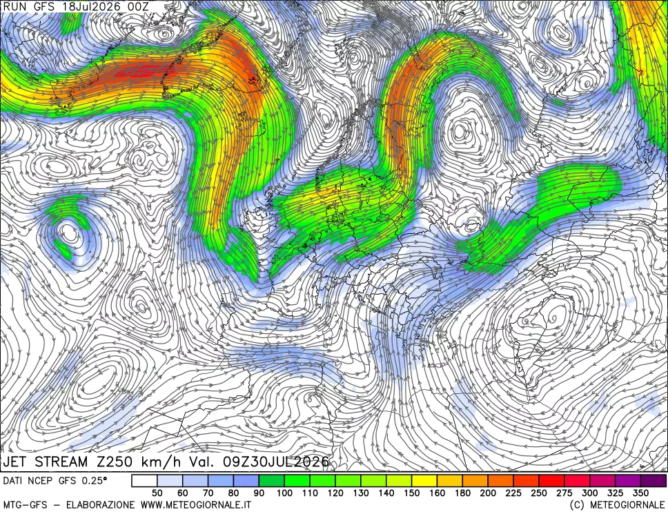mappa 250 hPa Jet stream