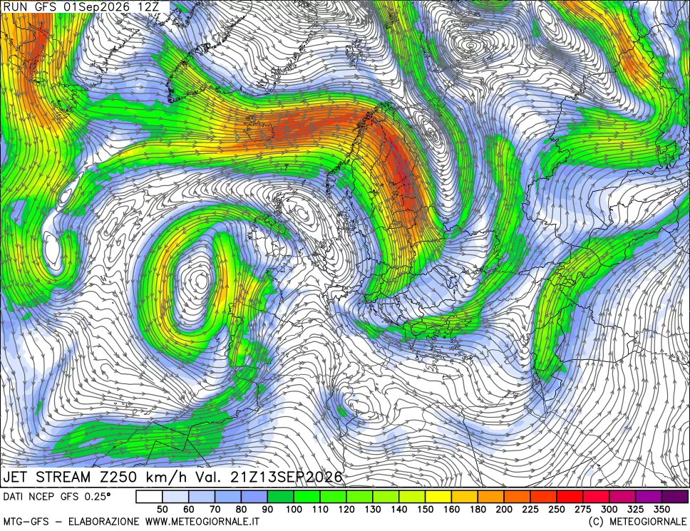 mappa 250 hPa Jet stream