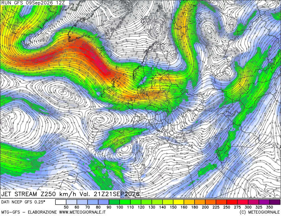 mappa 250 hPa Jet stream