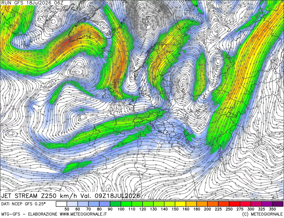 mappa 250 hPa Jet stream