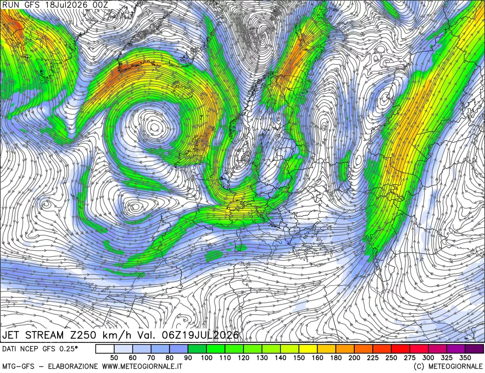 mappa 250 hPa Jet stream