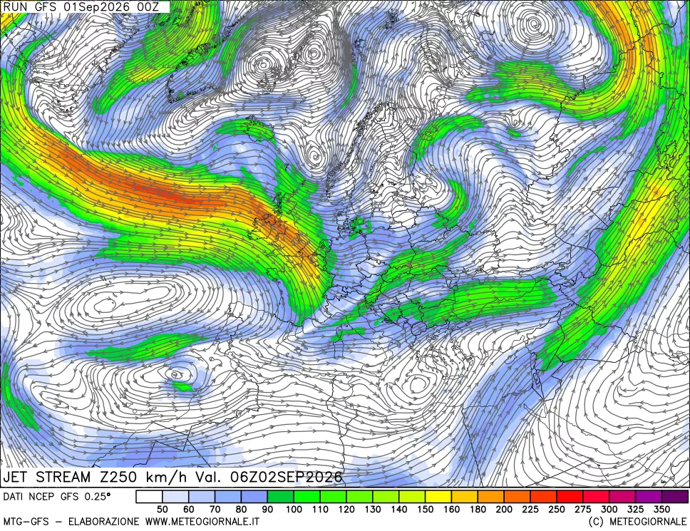 mappa 250 hPa Jet stream
