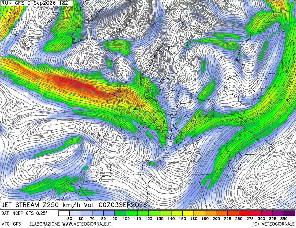 mappa 250 hPa Jet stream