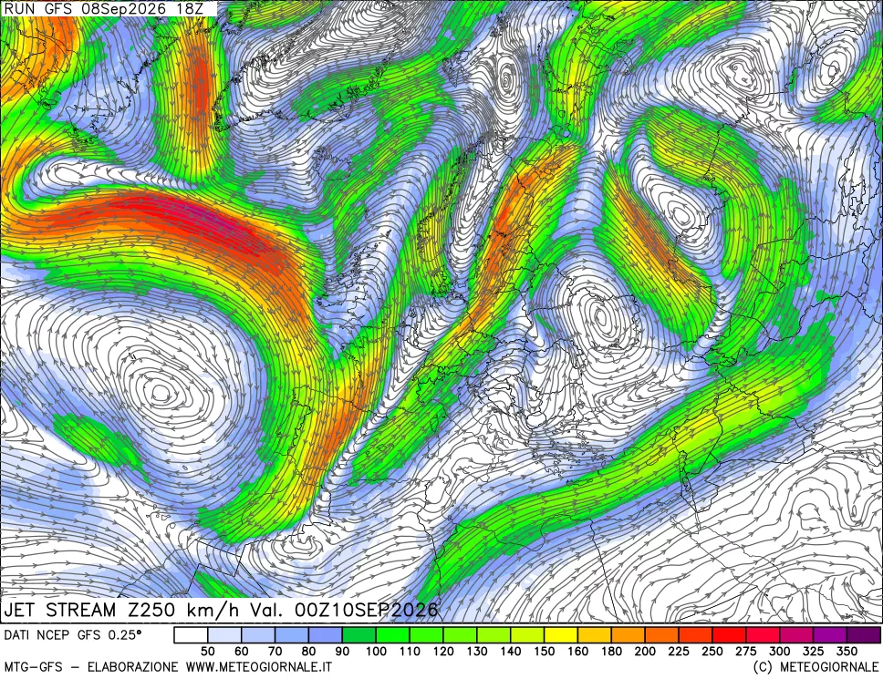 mappa 250 hPa Jet stream