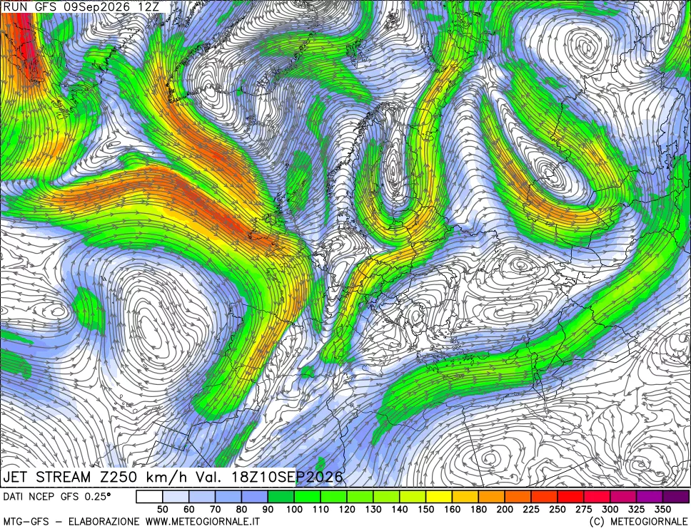 mappa 250 hPa Jet stream