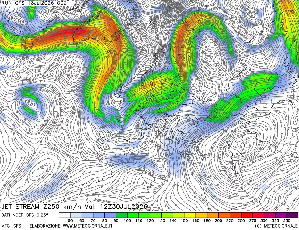 mappa 250 hPa Jet stream