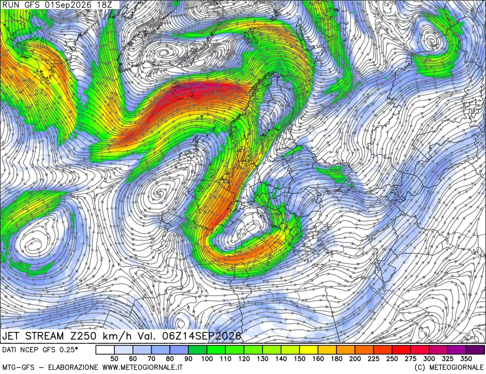 mappa 250 hPa Jet stream