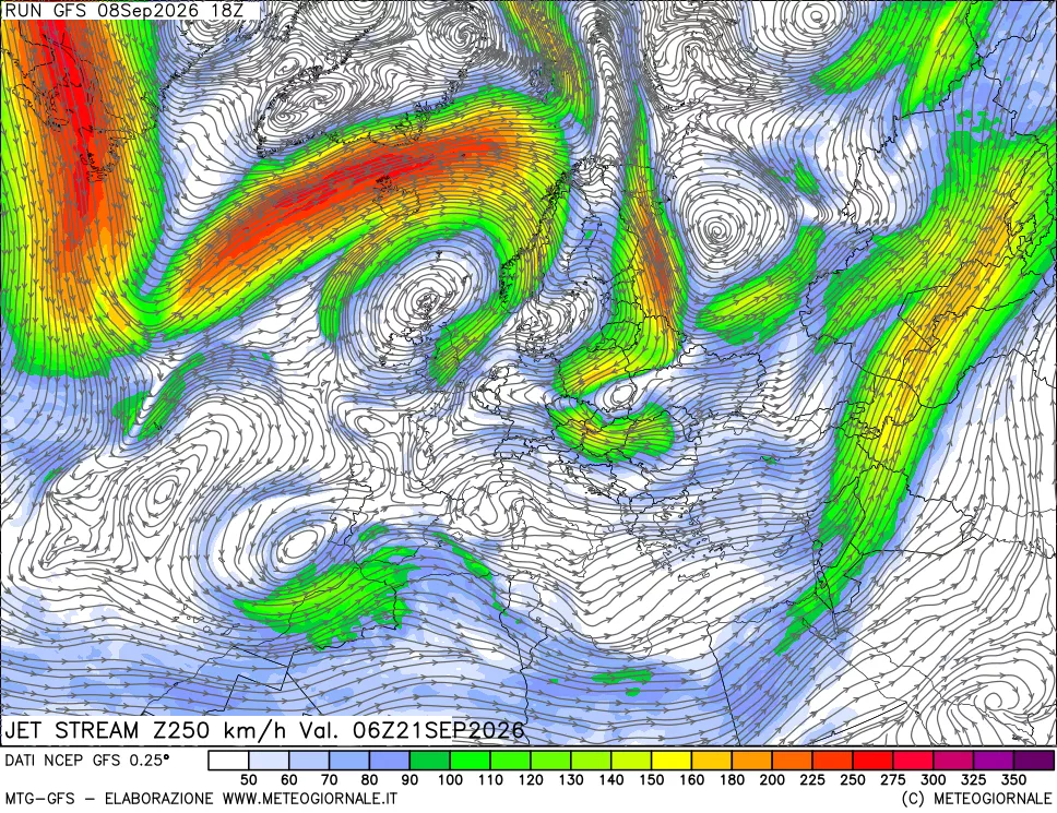 mappa 250 hPa Jet stream