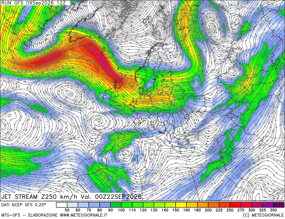 mappa 250 hPa Jet stream