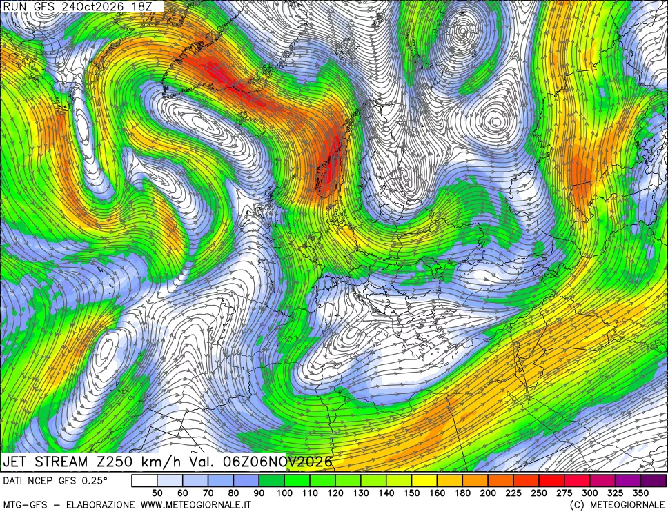 mappa 250 hPa Jet stream