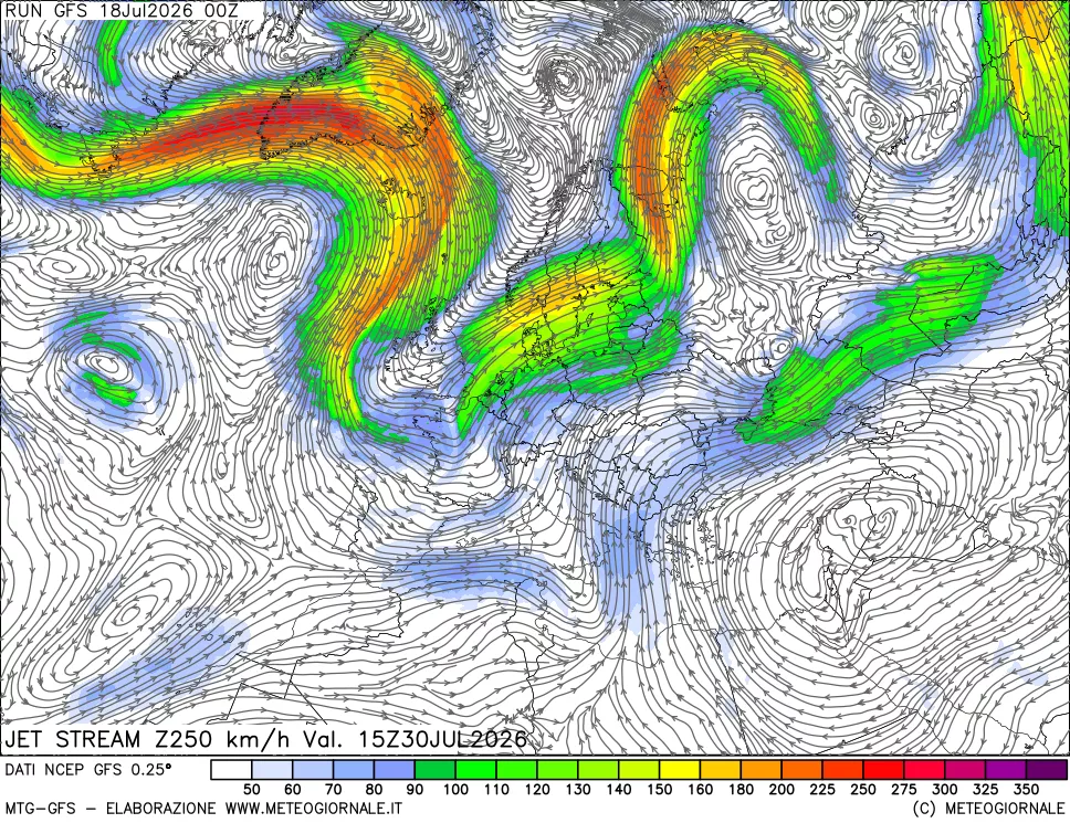 mappa 250 hPa Jet stream