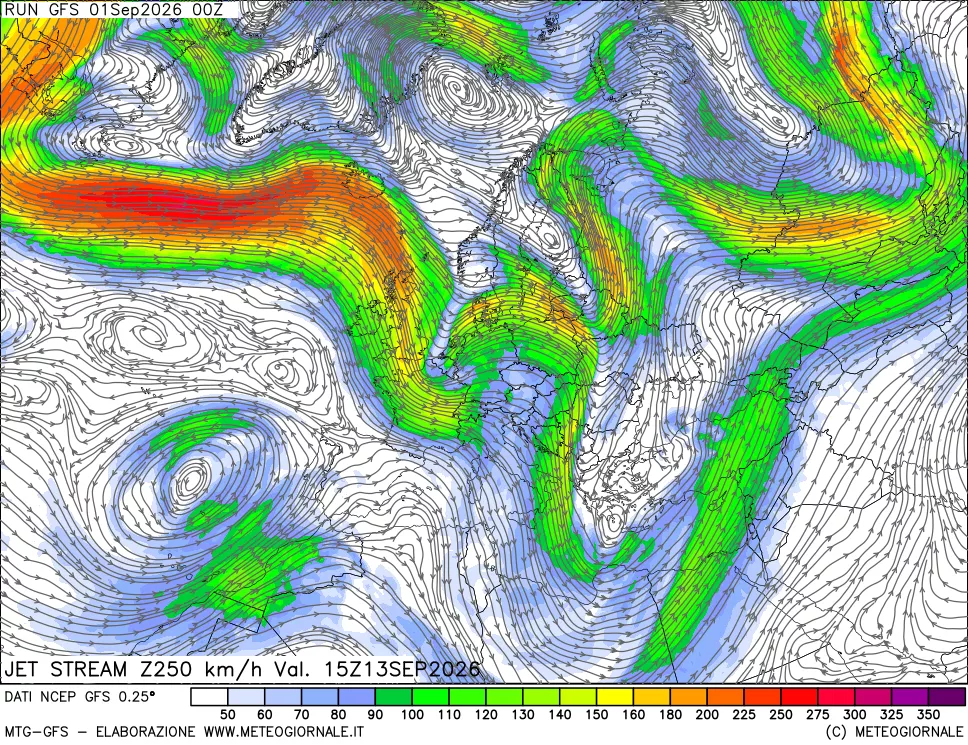mappa 250 hPa Jet stream