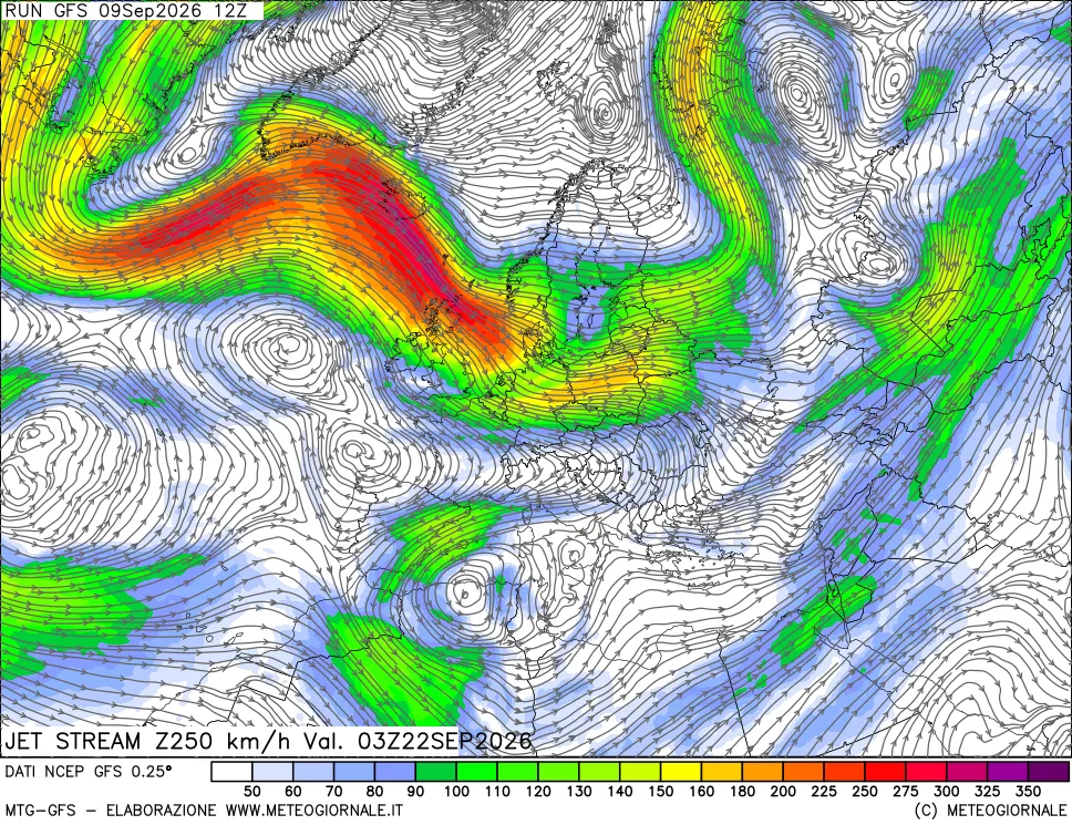 mappa 250 hPa Jet stream