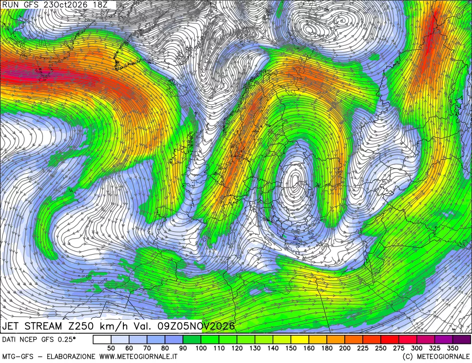mappa 250 hPa Jet stream