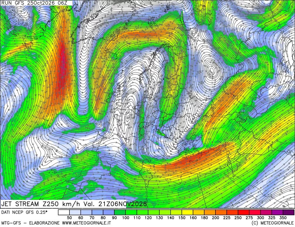 mappa 250 hPa Jet stream