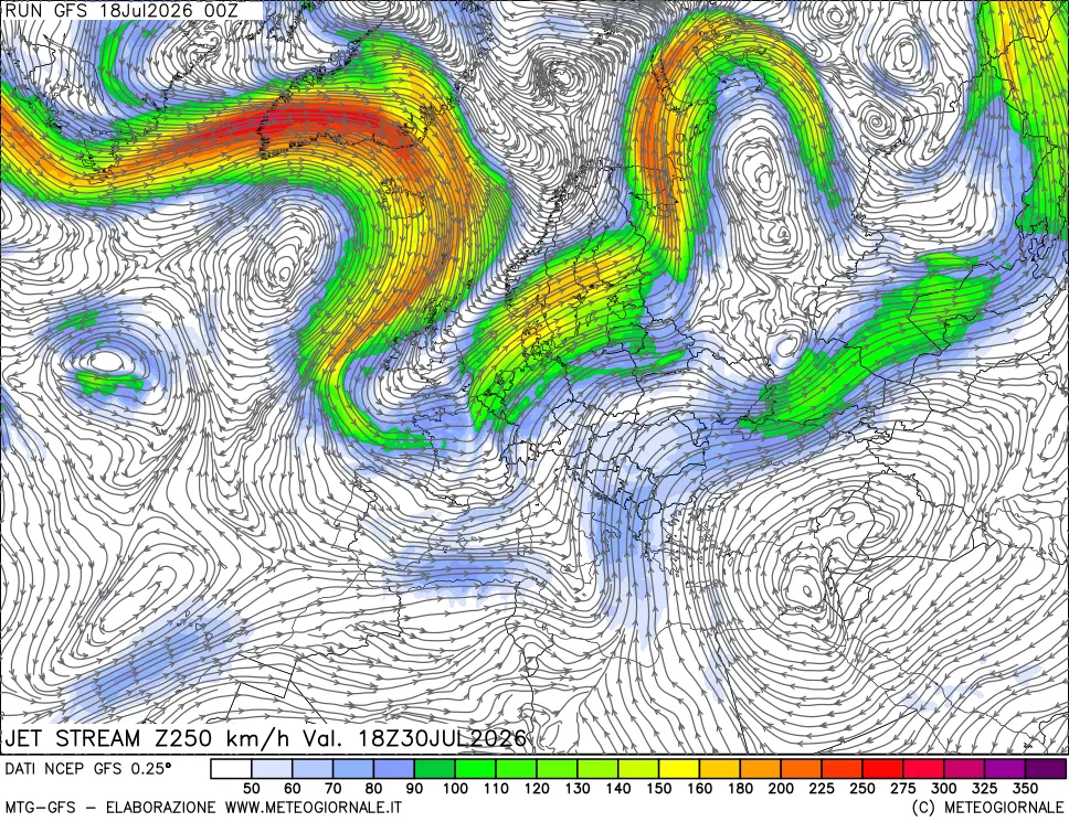 mappa 250 hPa Jet stream