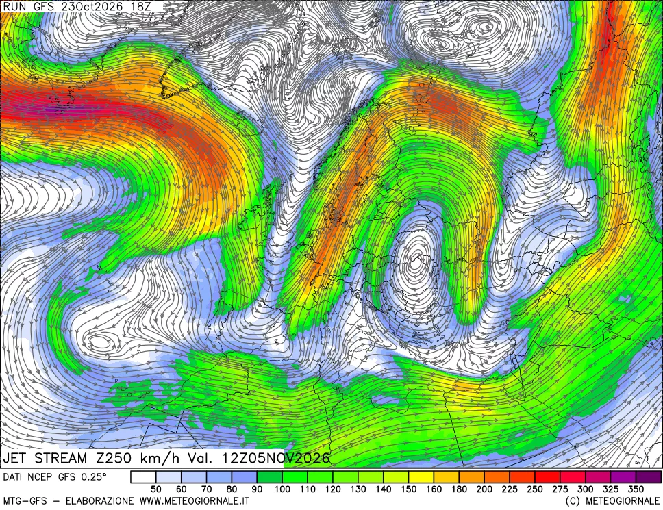 mappa 250 hPa Jet stream