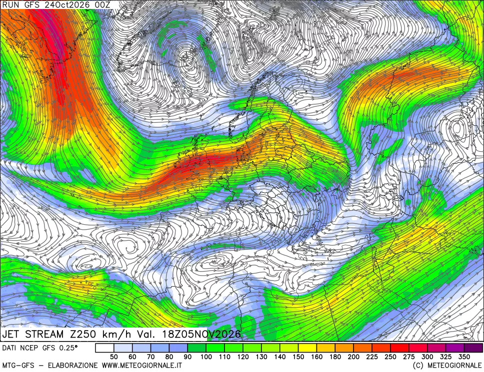 mappa 250 hPa Jet stream