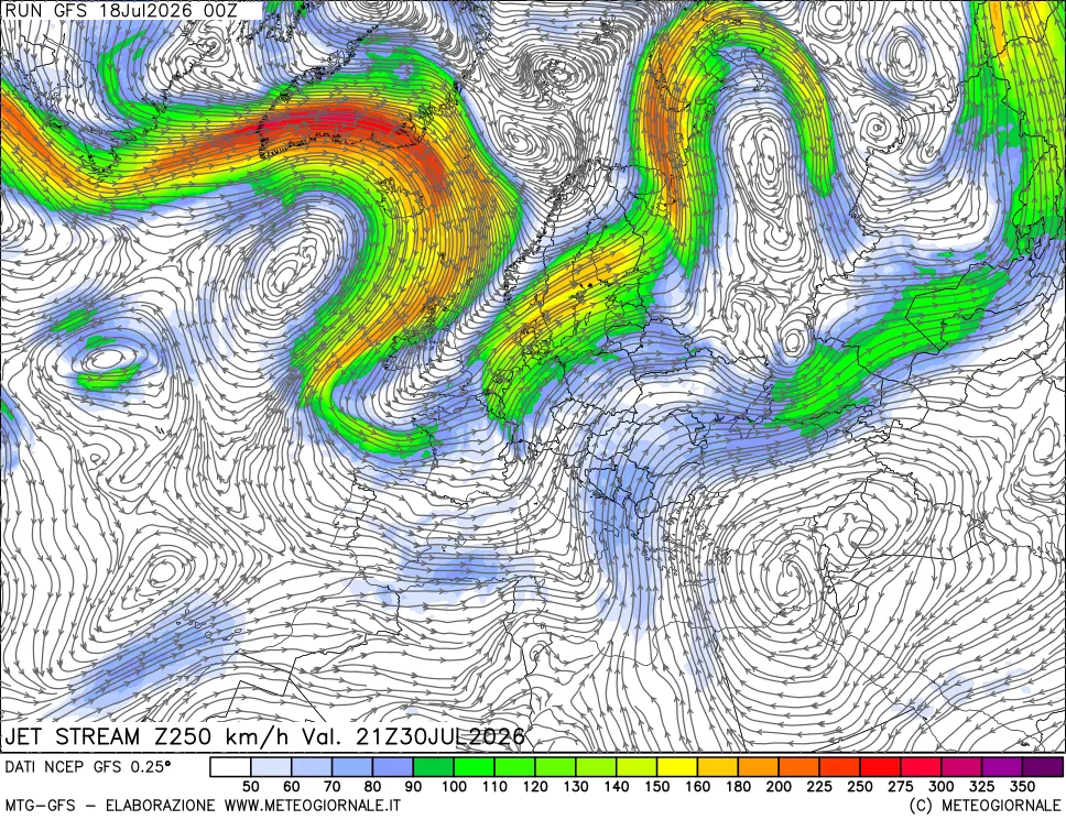 mappa 250 hPa Jet stream