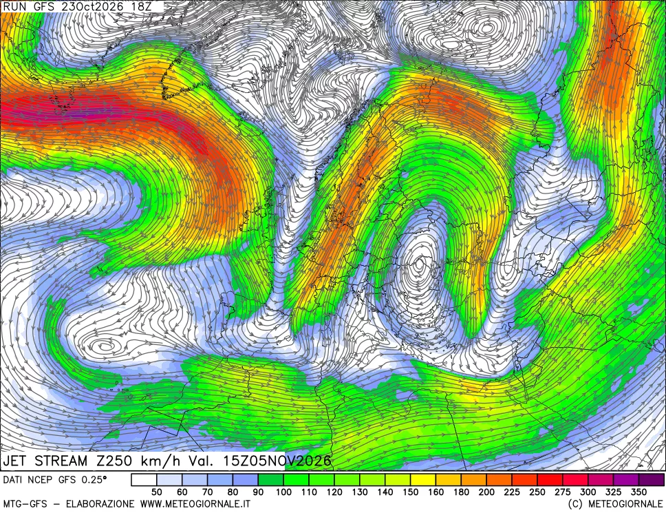 mappa 250 hPa Jet stream