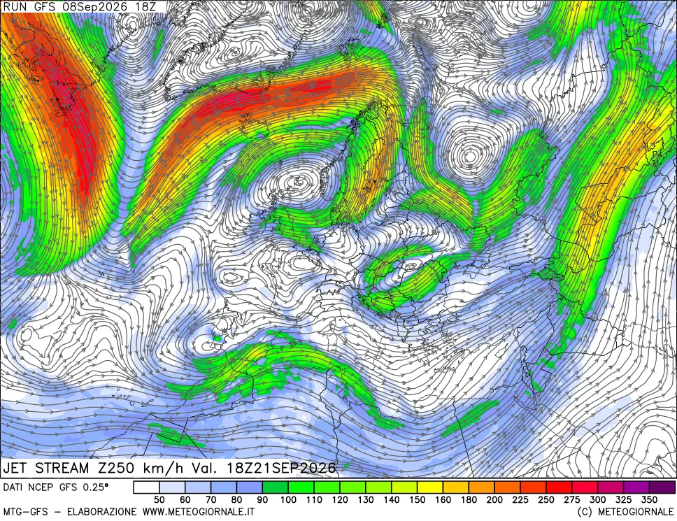 mappa 250 hPa Jet stream