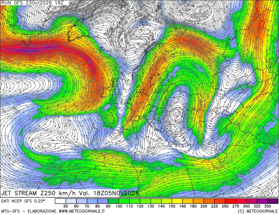 mappa 250 hPa Jet stream