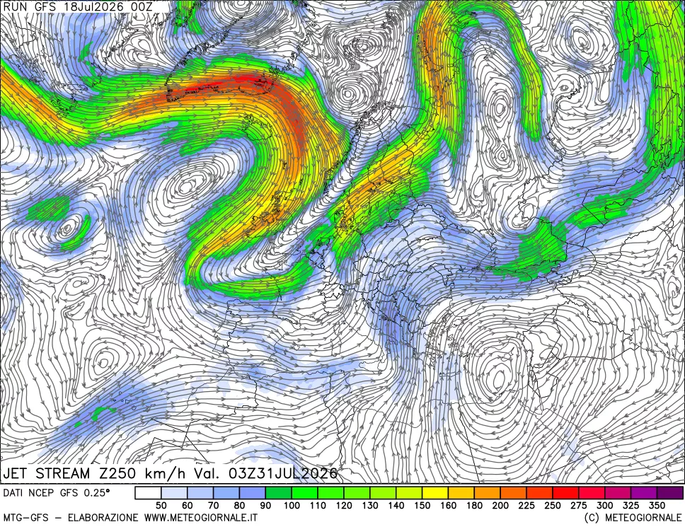 mappa 250 hPa Jet stream
